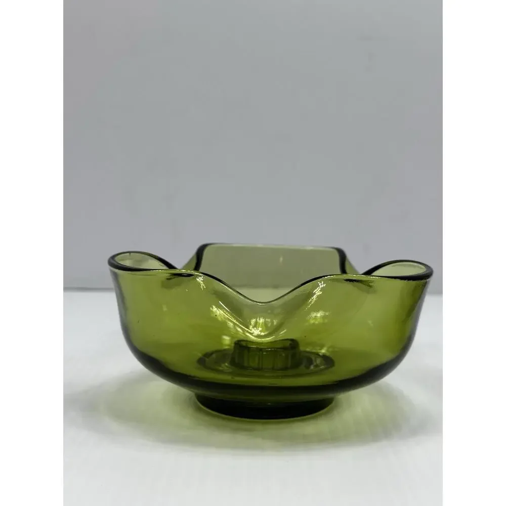 Vintage Anchor Hocking 2 Avocado Green Glass Candle Stick Holders Pair MCM 1970s
